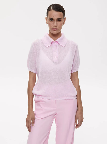 Summer Women's Polo Collar Knitted Short Sleeves Sweater Transparent T-shirt Female Simple 2025 Pink Yellow Gray Blue Red White