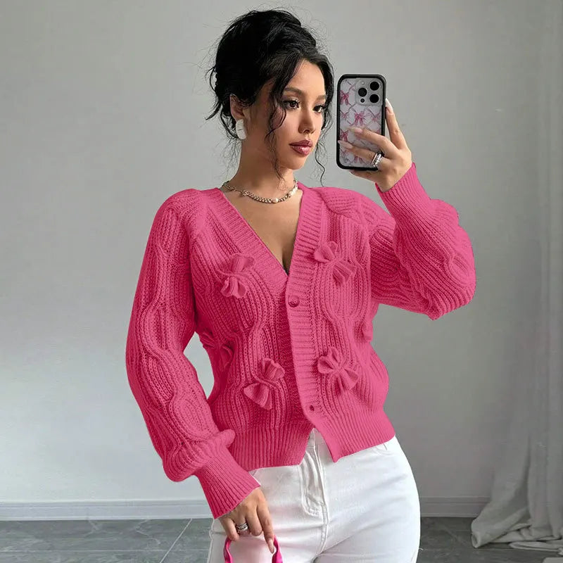 Women's Knitted Bow Cardigan Elegant Long Sleeve Tops Sweater Knitwears Top Female Clothing Fall Autumn Pink White Blue Purple