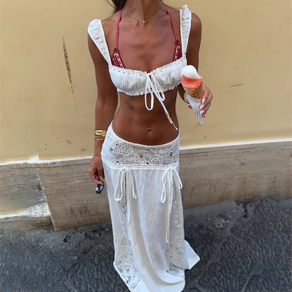 White Lace Beach 2 Pieces Sets Cover Up Women's Backless Crop Top Long Skirt Matching Set Suit Summer Holiday Vacation Outfit