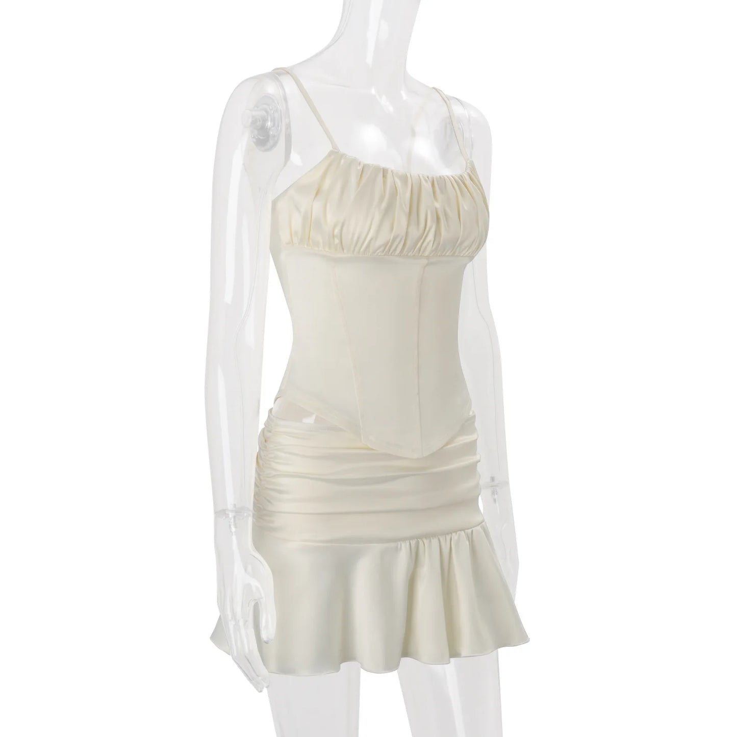 Sexy Corset Top Ruffles Super Mini Skirt Matching Sets for Women Ruched Tops Dress Outfit Summer Female Clothing Pink Apricot