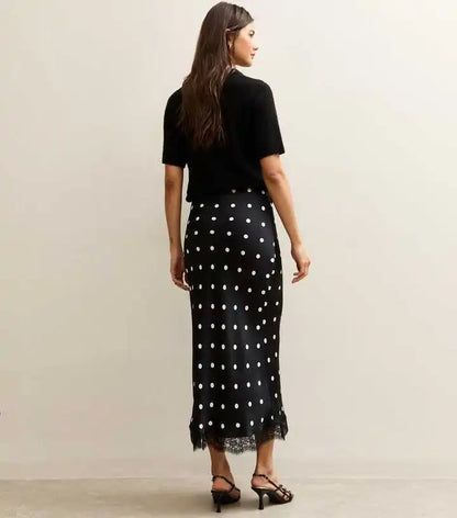 Satin Polka Dot Lace Patchwork Midi Skirt Women's High Waist Slik Skirts Female Clothing Black Fashion White Office Lady Summer
