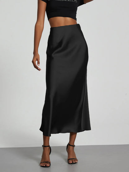 Satin Midi Skirt Women's High Waist Slik Skirts Female Clothing Black Fashion White Pink Blue Gray Burgundy Coffee Office Lady