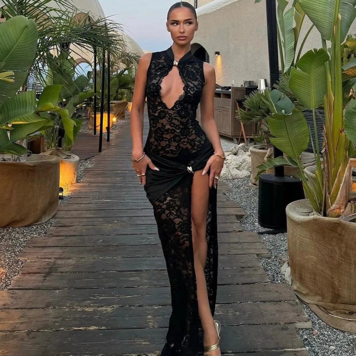 Elegant Black Lace Hollow Out Long Dress Women's Ruched High Slit Dresses Evening Party Club Wear Cocktail Summer Burgundy White