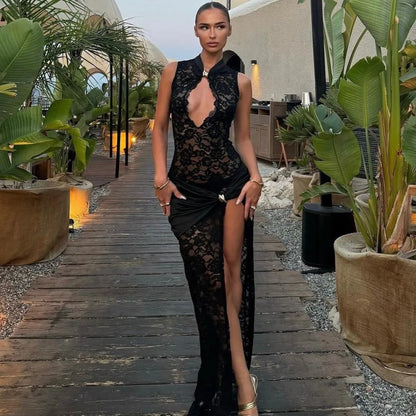 Elegant Black Lace Hollow Out Long Dress Women's Ruched High Slit Dresses Evening Party Club Wear Cocktail Summer Burgundy White
