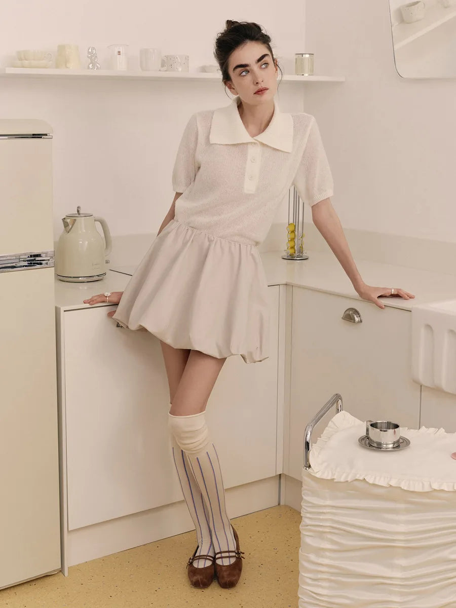 Summer Women's Polo Collar Knitted Short Sleeves Sweater Transparent T-shirt Female Simple 2025 Pink Yellow Gray Blue Red White