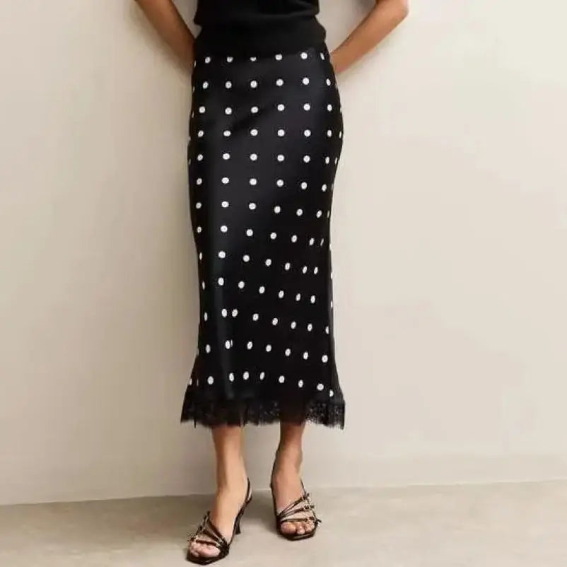 Satin Polka Dot Lace Patchwork Midi Skirt Women's High Waist Slik Skirts Female Clothing Black Fashion White Office Lady Summer