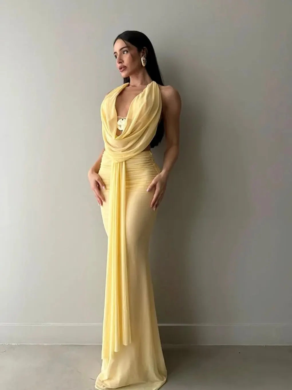Sexy Blue Beach Sets Women's Halter V Neck Backless Crop Top Draped Long Skirt New Suit Summer Beachwear Holiday Vacation Yellow