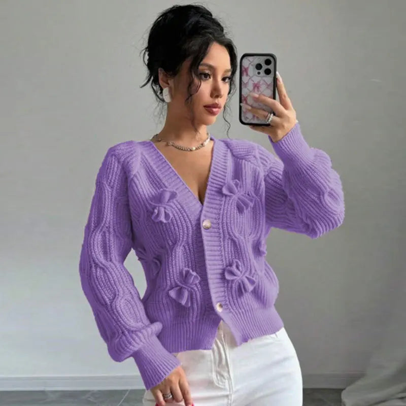 Women's Knitted Bow Cardigan Elegant Long Sleeve Tops Sweater Knitwears Top Female Clothing Fall Autumn Pink White Blue Purple