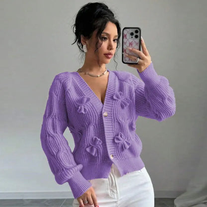 Women's Knitted Bow Cardigan Elegant Long Sleeve Tops Sweater Knitwears Top Female Clothing Fall Autumn Pink White Blue Purple