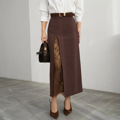 Elegant Lace Patchwork Skirt Women's High Waist Slim Split Skirts Female Clothing Fashion Summer Autumn 2026 Office Lady New In