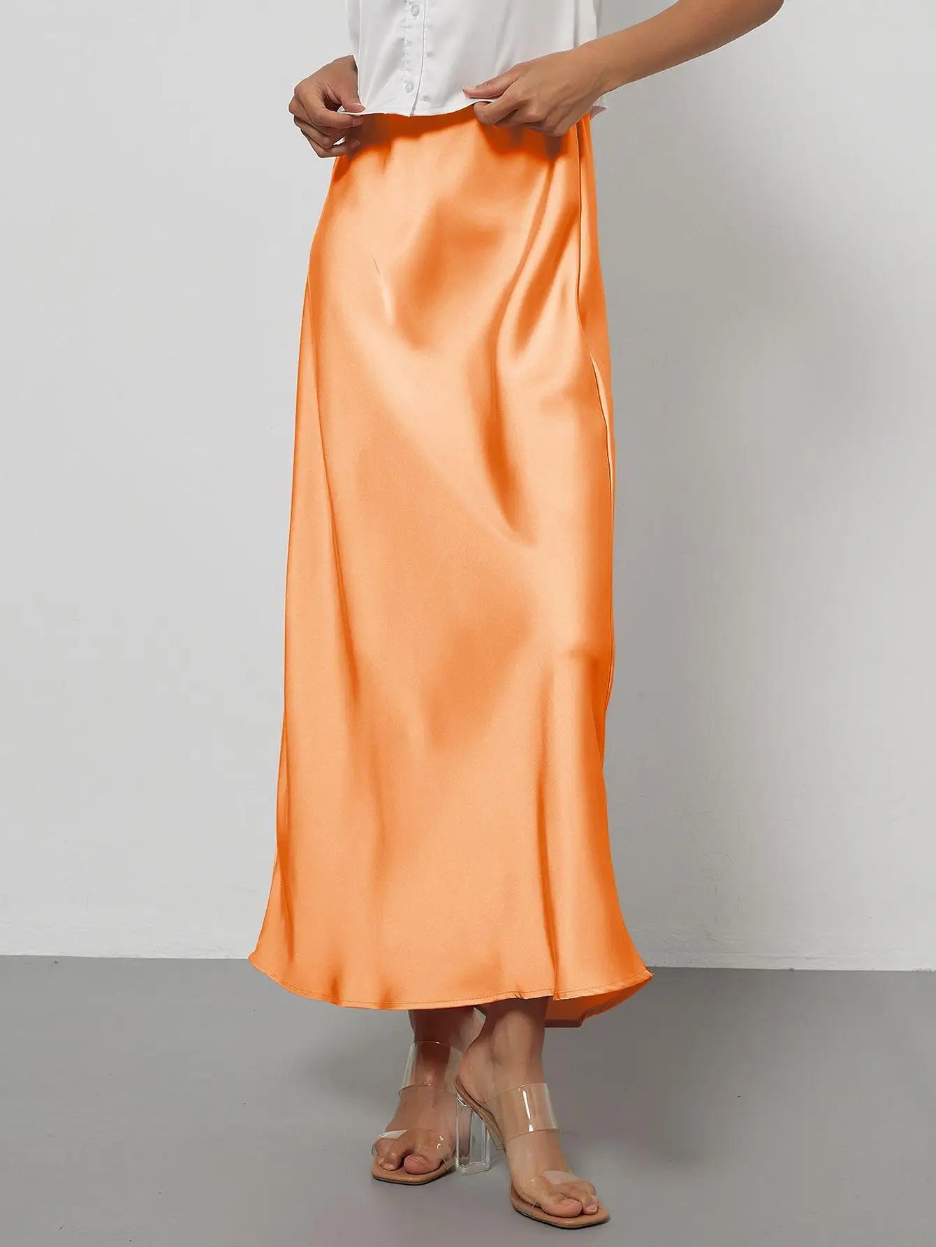 Satin Midi Skirt Women's High Waist Slik Skirts Female Clothing Black Fashion White Pink Blue Gray Burgundy Coffee Office Lady