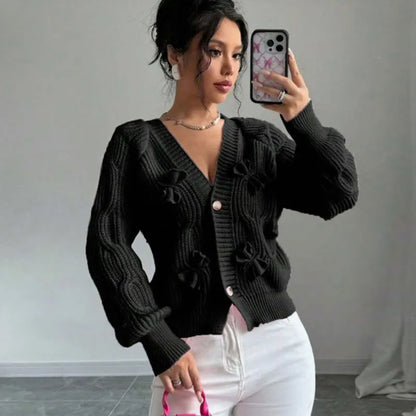 Women's Knitted Bow Cardigan Elegant Long Sleeve Tops Sweater Knitwears Top Female Clothing Fall Autumn Pink White Blue Purple