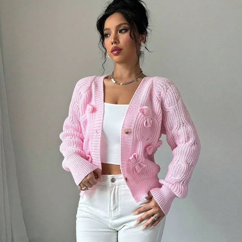 Women's Knitted Bow Cardigan Elegant Long Sleeve Tops Sweater Knitwears Top Female Clothing Fall Autumn Pink White Blue Purple