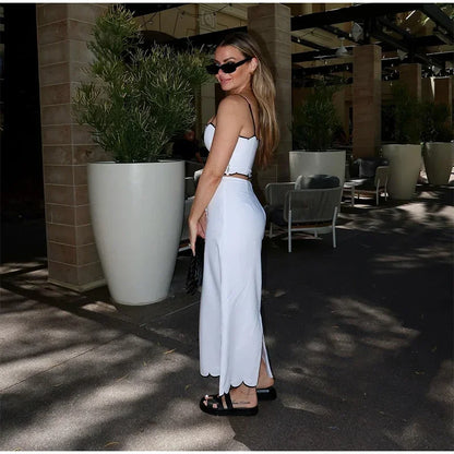 Elegant White Ruffle Beach Sets Women's Strap Backless Crop Top Long Skirt 2 Pieces Set Summer Beachwear Party Holiday Vacation