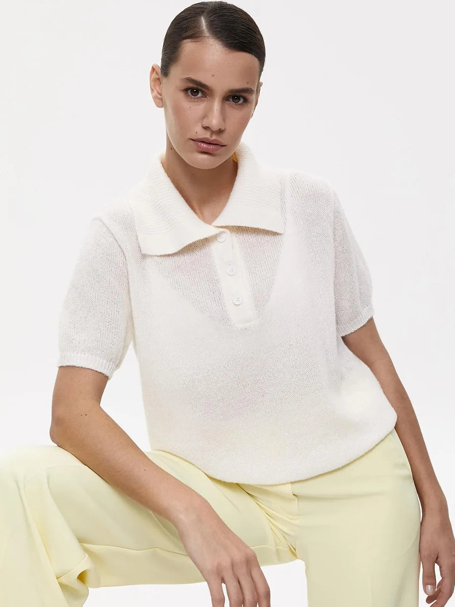 Summer Women's Polo Collar Knitted Short Sleeves Sweater Transparent T-shirt Female Simple 2025 Pink Yellow Gray Blue Red White