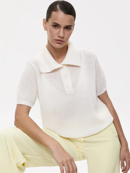 Summer Women's Polo Collar Knitted Short Sleeves Sweater Transparent T-shirt Female Simple 2025 Pink Yellow Gray Blue Red White