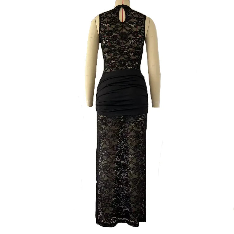 Elegant Black Lace Hollow Out Long Dress Women's Ruched High Slit Dresses Evening Party Club Wear Cocktail Summer Burgundy White