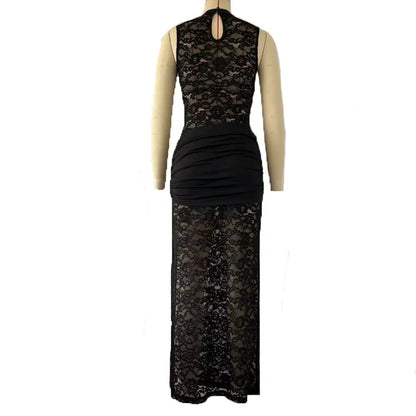 Elegant Black Lace Hollow Out Long Dress Women's Ruched High Slit Dresses Evening Party Club Wear Cocktail Summer Burgundy White