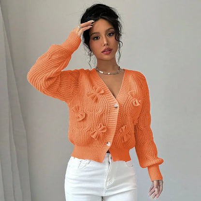 Women's Knitted Bow Cardigan Elegant Long Sleeve Tops Sweater Knitwears Top Female Clothing Fall Autumn Pink White Blue Purple