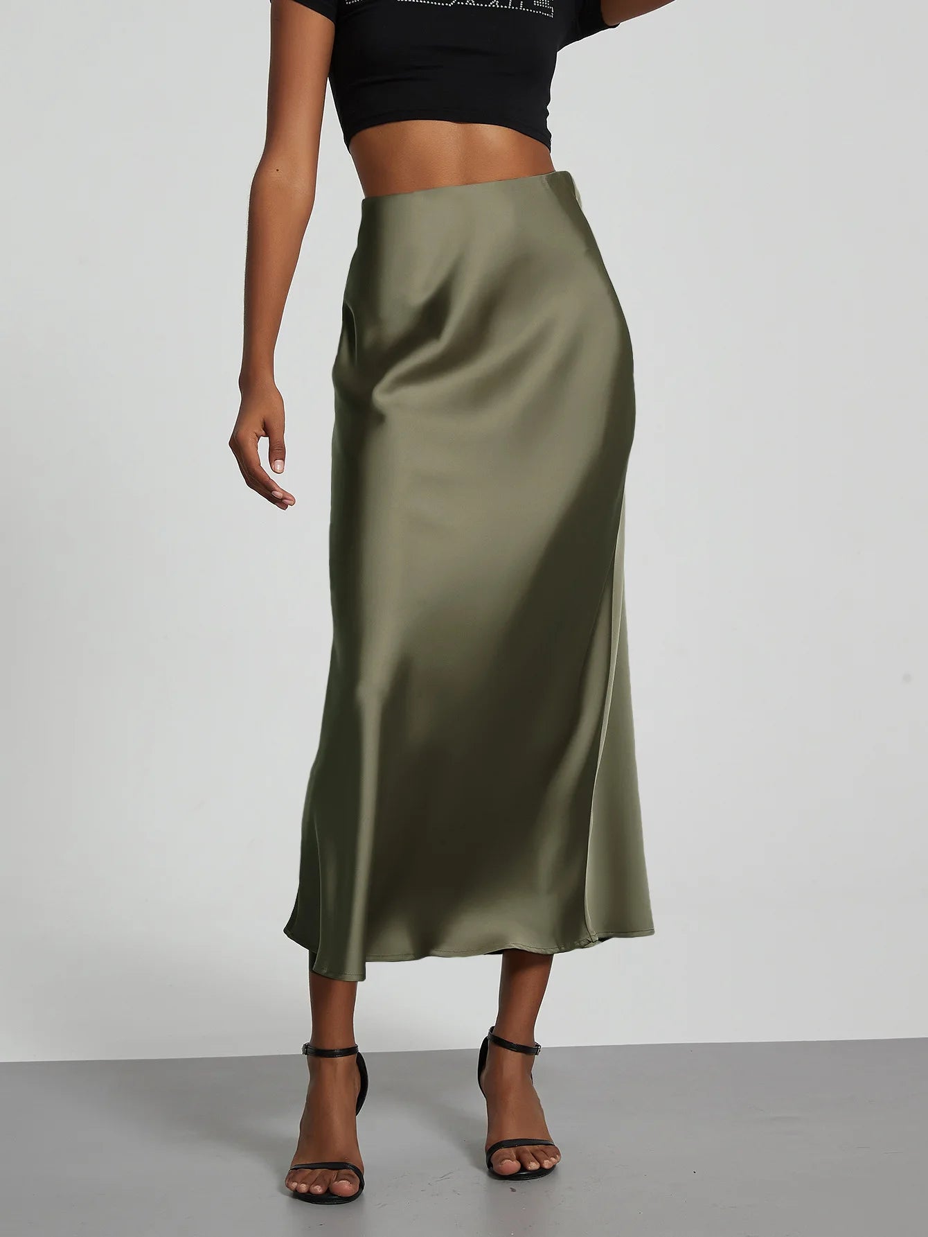 Satin Midi Skirt Women's High Waist Slik Skirts Female Clothing Black Fashion White Pink Blue Gray Burgundy Coffee Office Lady