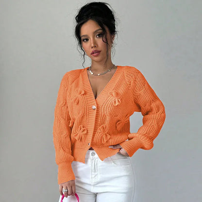 Women's Knitted Bow Cardigan Elegant Long Sleeve Tops Sweater Knitwears Top Female Clothing Fall Autumn Pink White Blue Purple