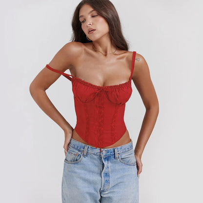 Elegant Summer Strapless T-shirts Corset Lace Tops Women Bandage T Shirt Y2K Chic Female Crop Top Black Red Blue White Yellow