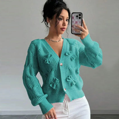 Women's Knitted Bow Cardigan Elegant Long Sleeve Tops Sweater Knitwears Top Female Clothing Fall Autumn Pink White Blue Purple