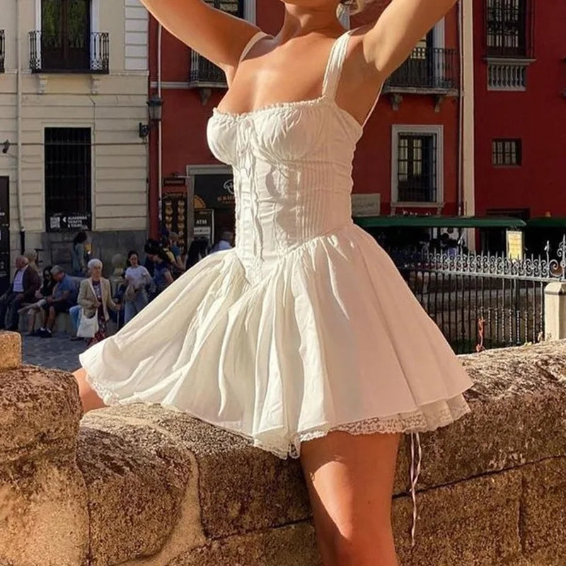 Sexy Lace Floral Corset Short Dress Elegant Women's White Yellow Sundress Female Mini Casual Sun Dresses Summer White Red Blue