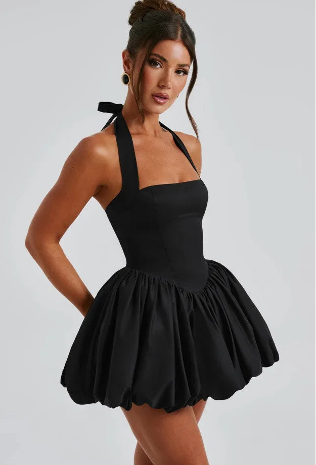 Elegant Red Backless Corset Halter Mini Dress Women Puff Hem Short Dresses Summer Evening Party Birthday Wedding Guest Cocktail