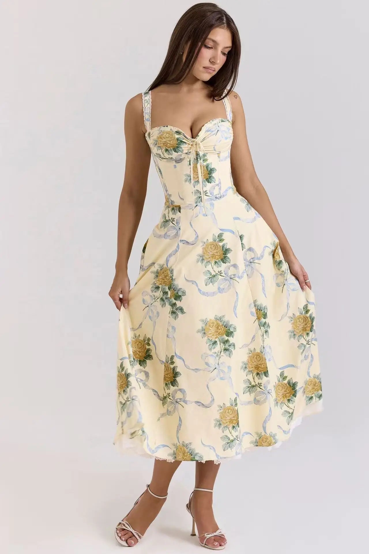 Sexy Lace Floral Midi Dress Elegant Women's Sundress Female Clothing Sun Print Dresses Summer Holiday Vacation 2026 Yellow Pink