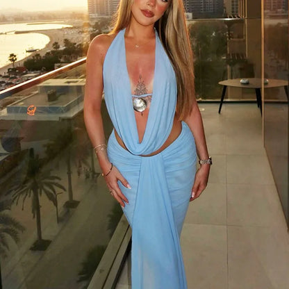 Sexy Blue Beach Sets Women's Halter V Neck Backless Crop Top Draped Long Skirt New Suit Summer Beachwear Holiday Vacation Yellow