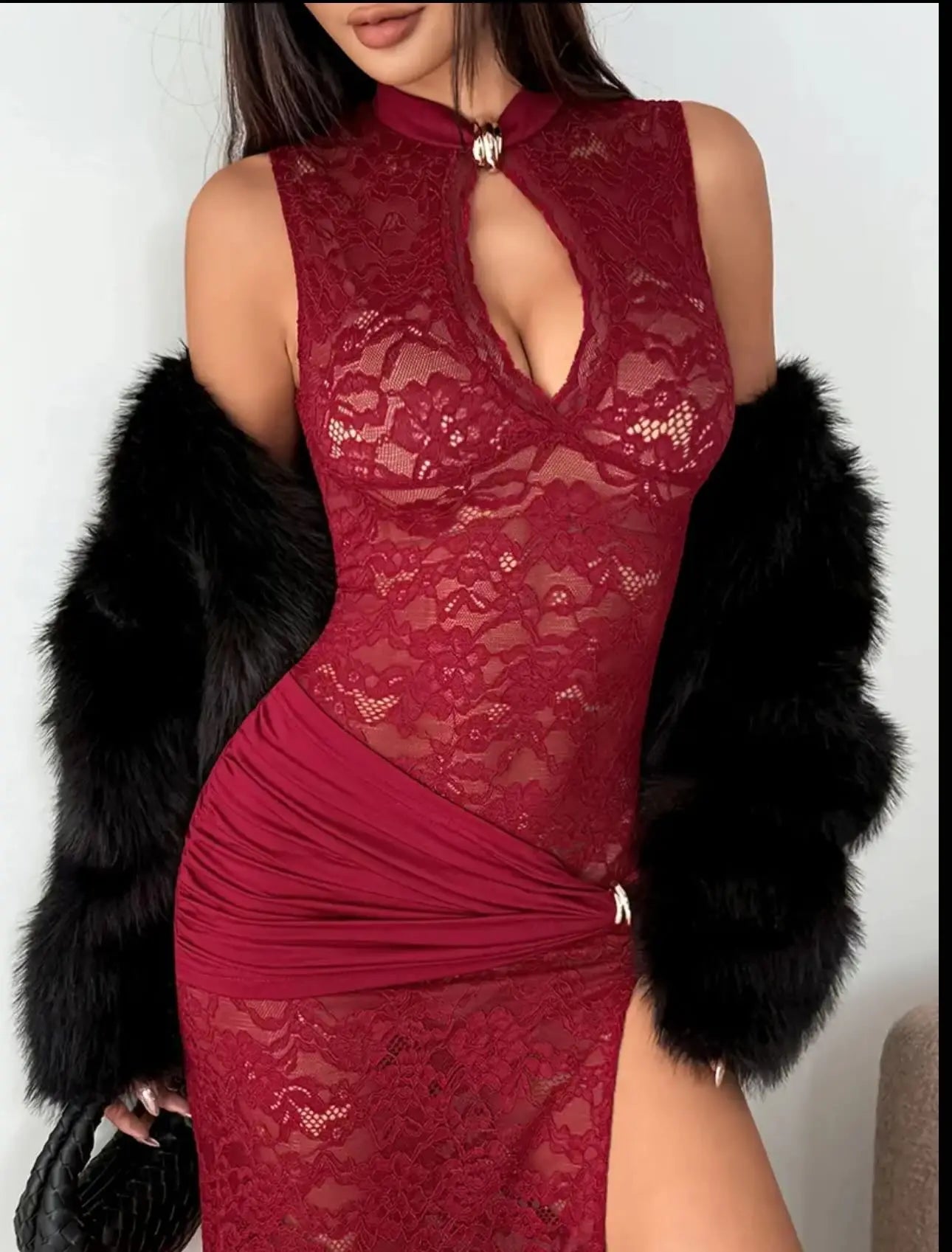Elegant Black Lace Hollow Out Long Dress Women's Ruched High Slit Dresses Evening Party Club Wear Cocktail Summer Burgundy White