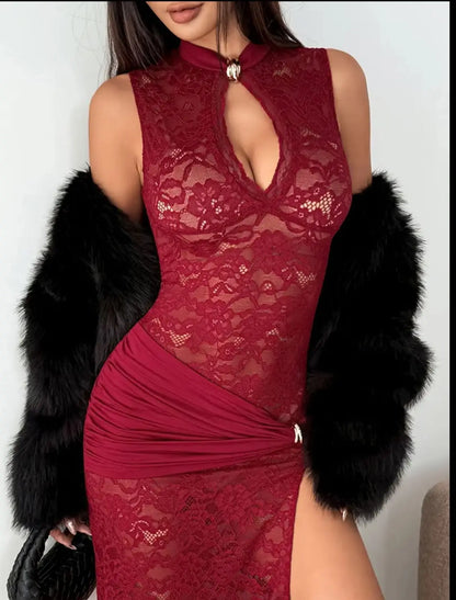 Elegant Black Lace Hollow Out Long Dress Women's Ruched High Slit Dresses Evening Party Club Wear Cocktail Summer Burgundy White