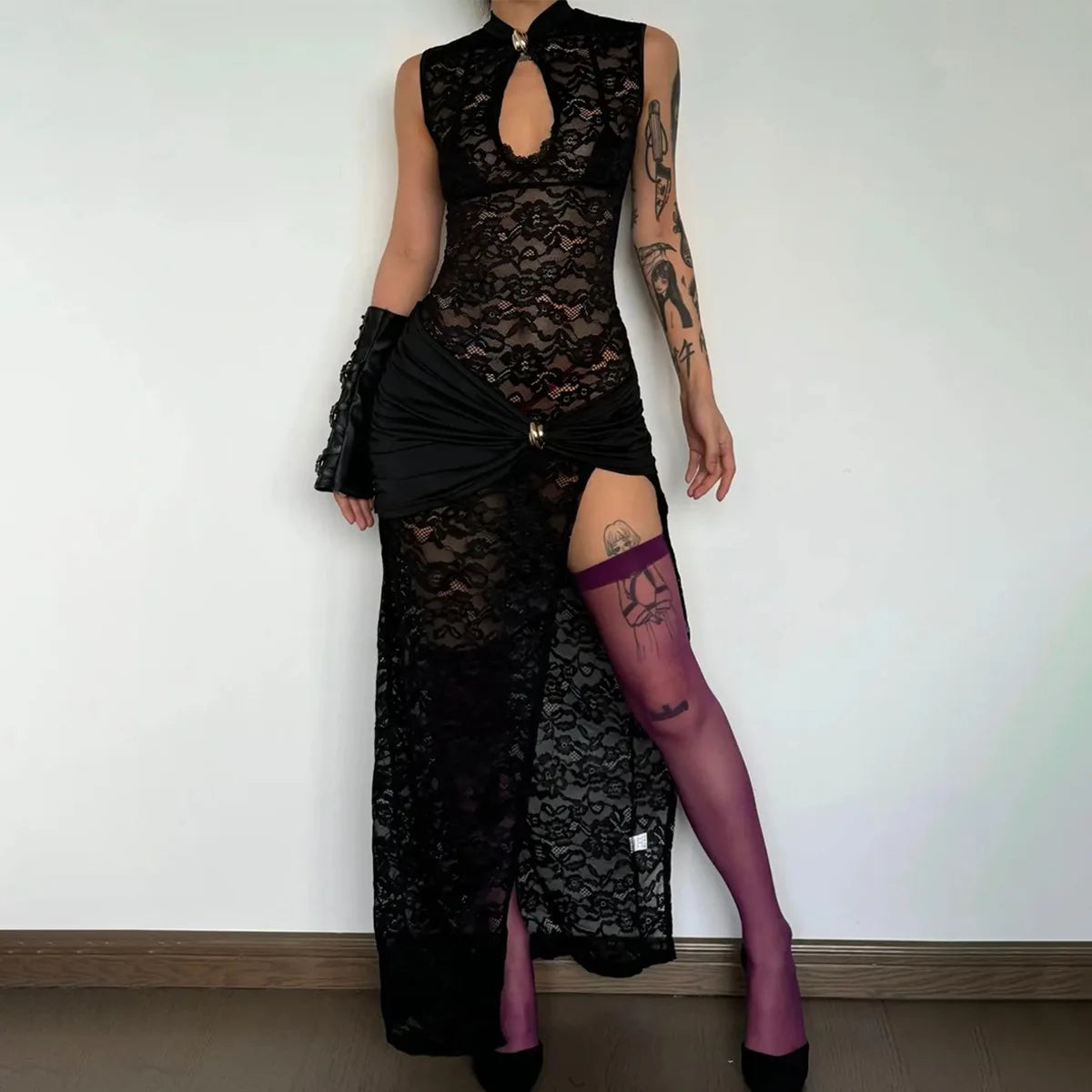 Elegant Black Lace Hollow Out Long Dress Women's Ruched High Slit Dresses Evening Party Club Wear Cocktail Summer Burgundy White