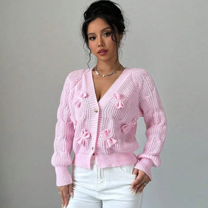Women's Knitted Bow Cardigan Elegant Long Sleeve Tops Sweater Knitwears Top Female Clothing Fall Autumn Pink White Blue Purple