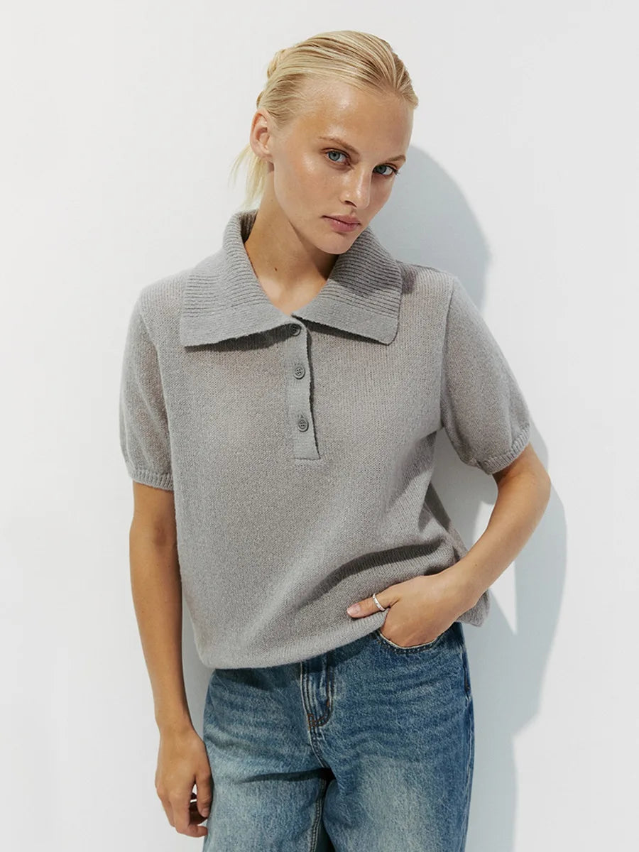 Summer Women's Polo Collar Knitted Short Sleeves Sweater Transparent T-shirt Female Simple 2025 Pink Yellow Gray Blue Red White