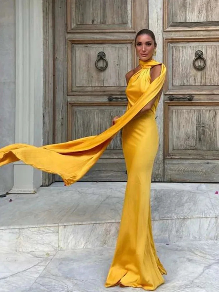 Satin Ribbon Long Dresses Women's Backless Casual Silk Dress Evening Wedding Guest Blue Green Black Yellow Red Pink Summer Prom