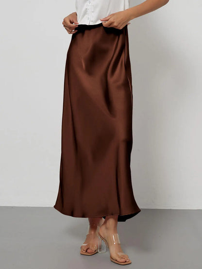 Satin Midi Skirt Women's High Waist Slik Skirts Female Clothing Black Fashion White Pink Blue Gray Burgundy Coffee Office Lady