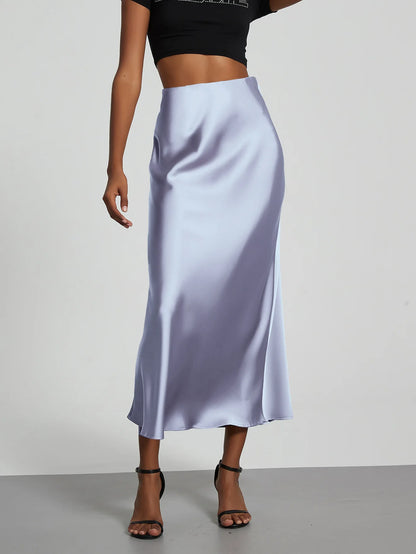 Satin Midi Skirt Women's High Waist Slik Skirts Female Clothing Black Fashion White Pink Blue Gray Burgundy Coffee Office Lady