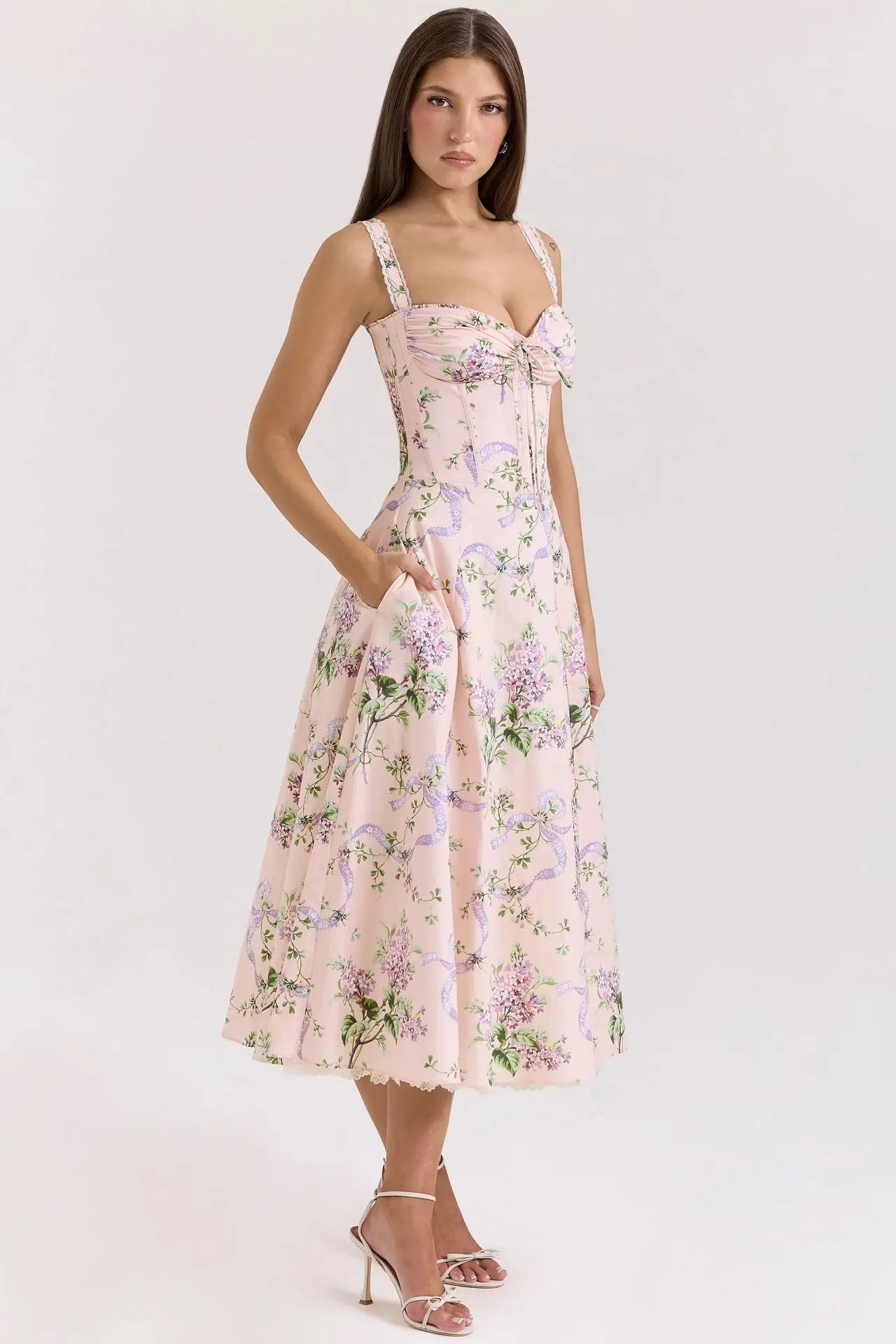 Sexy Lace Floral Midi Dress Elegant Women's Sundress Female Clothing Sun Print Dresses Summer Holiday Vacation 2026 Yellow Pink