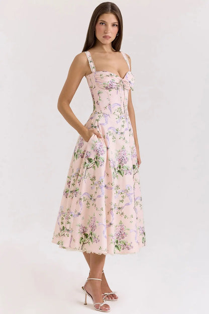 Sexy Lace Floral Midi Dress Elegant Women's Sundress Female Clothing Sun Print Dresses Summer Holiday Vacation 2026 Yellow Pink