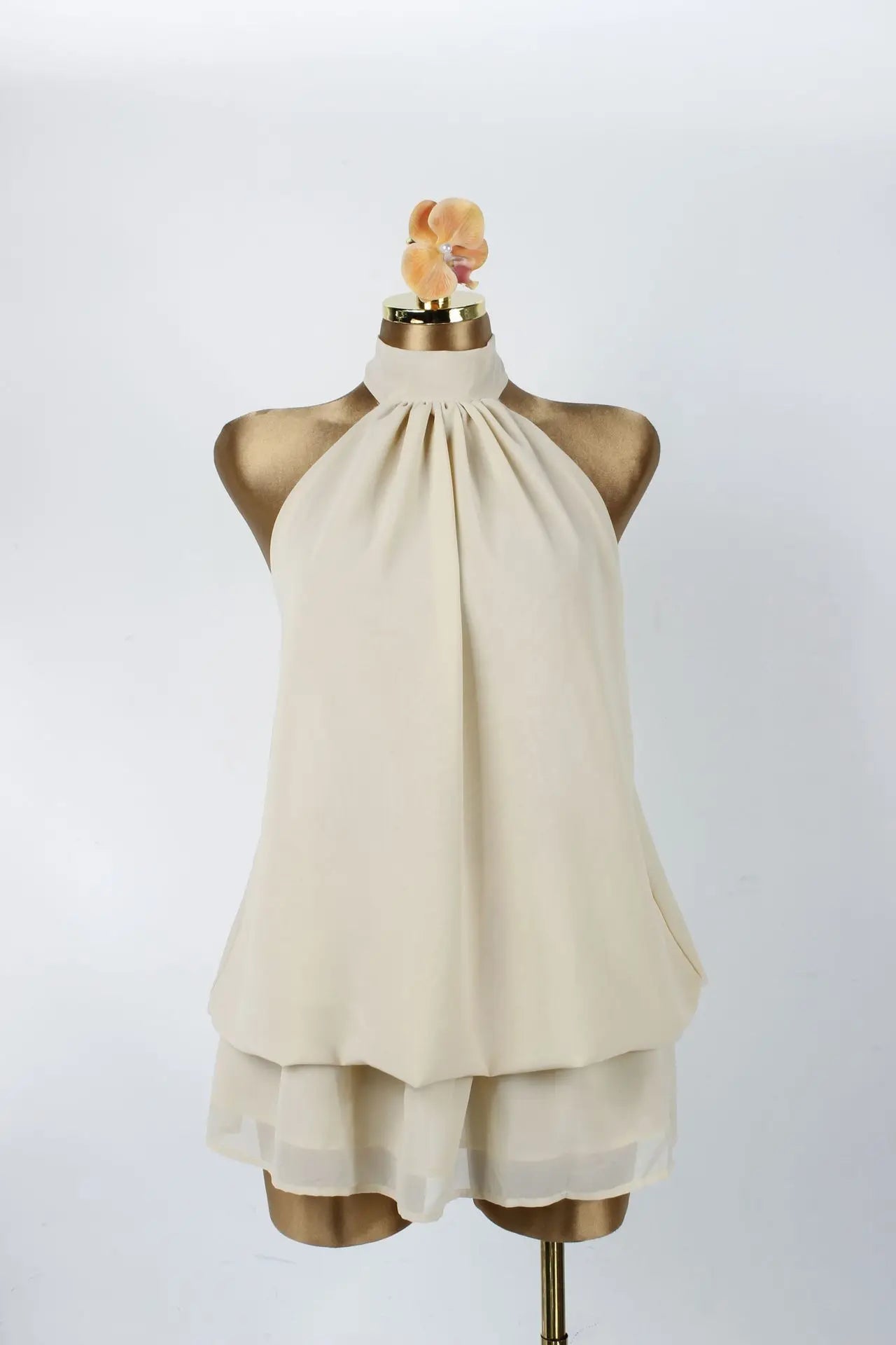 Sexy Yellow Chiffon Backless Mini Dress Women's Halter Casual Short Dresses Summer Khaki Brown Blue Pink Polka Dot Floral New