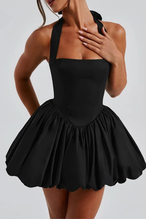 Elegant Polka Dot Corset Halter Mini Dress Women Puff Hem Short Dresses Summer Evening Party Birthday Wedding Guest Pink Black