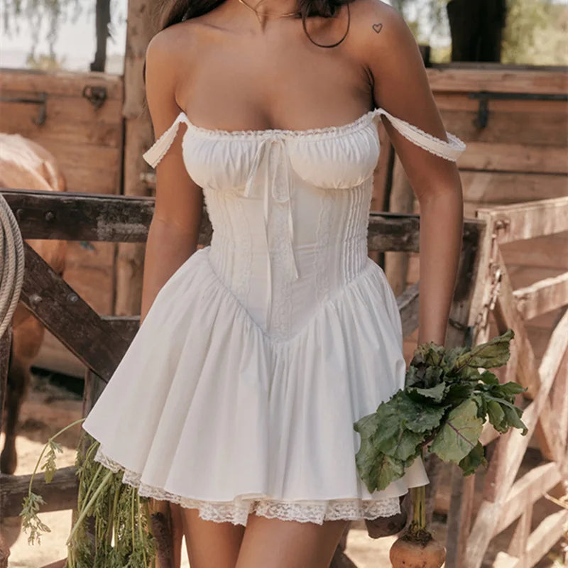 Sexy Lace Floral Corset Short Dress Elegant Women's White Yellow Sundress Female Mini Casual Sun Dresses Summer White Red Blue