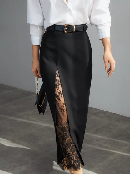 Elegant Lace Patchwork Skirt Women's High Waist Slim Split Skirts Female Clothing Fashion Summer Autumn 2026 Office Lady New In