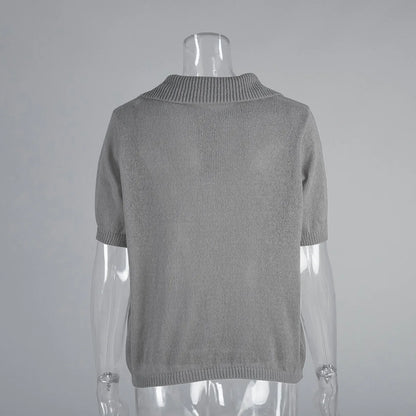 Summer Women's Polo Collar Knitted Short Sleeves Sweater Transparent T-shirt Female Simple 2025 Pink Yellow Gray Blue Red White
