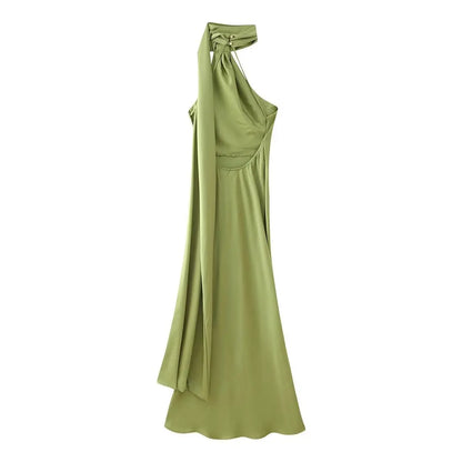 Satin Ribbon Long Dresses Women's Backless Casual Silk Dress Evening Wedding Guest Blue Green Black Yellow Red Pink Summer Prom