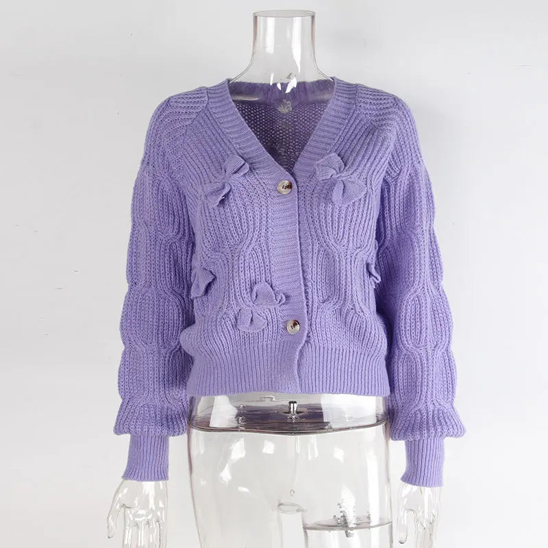 Women's Knitted Bow Cardigan Elegant Long Sleeve Tops Sweater Knitwears Top Female Clothing Fall Autumn Pink White Blue Purple