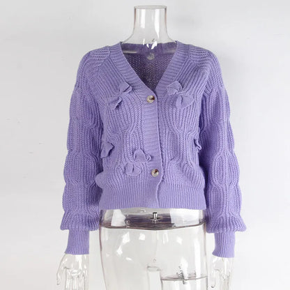 Women's Knitted Bow Cardigan Elegant Long Sleeve Tops Sweater Knitwears Top Female Clothing Fall Autumn Pink White Blue Purple