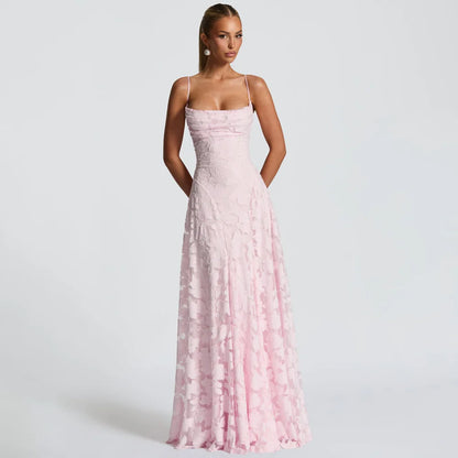 Jacquard Chiffon Long Dress Women's Backless Bandage Dresses Summer Evening Wedding Guest Green White Burgundy Pink Graduation